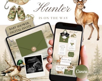A Little Hunter Baby Shower Invitation Template Canva, Duck Deer Fishing Baby Shower Digital Invite, Rustic Woodland Website Invite w/ RSVP