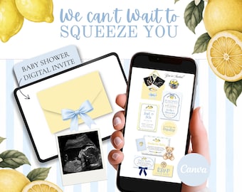 Blue We Can’t Wait to Squeeze You Invitation Template Canva, Lemon Baby Shower Invite, Blue Boy Baby Shower Digital Website w RSVP