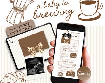 Baby Is Brewing Coffee Baby Shower Invitation Template Canva, Gender Neutral Cafe Theme, Brown Beige Digital Invite