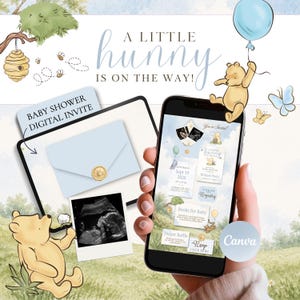 May include: A digital baby shower invitation template featuring Winnie the Pooh illustrations, a light blue envelope with a gold wax seal, and text that reads A LITTLE HUNNY IS ON THE WAY, BABY SHOWER DIGITAL INVITE, and RSVP CLICK HERE.