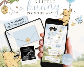 May include: A digital baby shower invitation template featuring Winnie the Pooh illustrations, a light blue envelope with a gold wax seal, and text that reads A LITTLE HUNNY IS ON THE WAY, BABY SHOWER DIGITAL INVITE, and RSVP CLICK HERE.