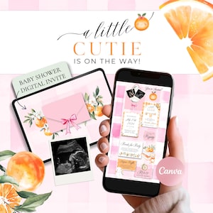 Puede incluir: Dise&ntilde;o digital de invitaci&oacute;n a baby shower con acentos naranjas y rosas. El dise&ntilde;o incluye el texto "a little cutie is on the way!" y "Baby Shower Digital Invite". La imagen tambi&eacute;n presenta una tableta, un tel&eacute;fono inteligente y una ecograf&iacute;a.