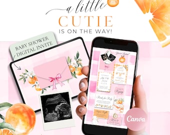 Pink Little Cutie Baby Shower Invitation (Canva), Baby Girl Orange Digital Invite, Citrus Website Invitation with RSVP