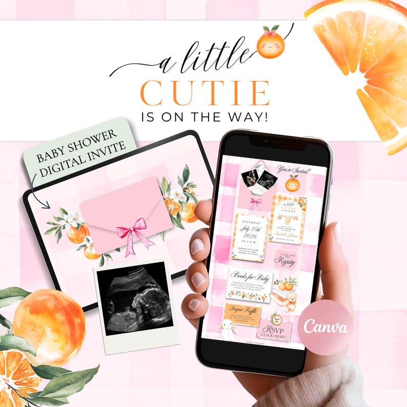 Puede incluir: Dise&ntilde;o digital de invitaci&oacute;n a baby shower con acentos naranjas y rosas. El dise&ntilde;o incluye el texto "a little cutie is on the way!" y "Baby Shower Digital Invite". La imagen tambi&eacute;n presenta una tableta, un tel&eacute;fono inteligente y una ecograf&iacute;a.