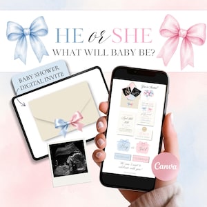 Könnte beinhalten: Eine digitale Babyparty-Einladungsvorlage mit dem Text HE OR SHE WHAT WILL BABY BE, verziert mit blauen und rosa Schleifen. Das Design umfasst einen Umschlag, ein Ultraschallbild und verschiedene Veranstaltungsdetails auf einem Smartphone.