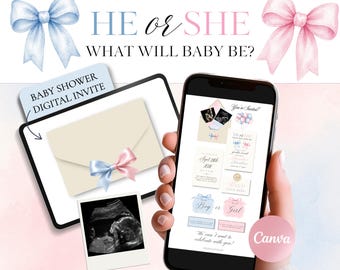 He or She What Will Baby Be Gender Reveal Invitation Template (Canva), Pink Blue Baby Shower Digital Invite, Bow Theme Website with RSVP