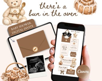 May include: A digital baby shower invitation template featuring a teddy bear chef, a cinnamon roll, and the text there's a bun in the oven. The design includes a brown envelope, an ultrasound image, and various event details displayed on a smartphone screen.
