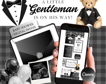 May include: A digital baby shower invitation template featuring a tuxedo graphic, a teddy bear in a suit, and ultrasound imagery. The text reads A LITTLE GENTLEMAN IS ON HIS WAY, BABY SHOWER DIGITAL INVITE, and includes event details and RSVP buttons.