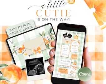 A Little Cutie Is On The Way Digital Invite, Gender Neutral Orange Baby Shower Website with RSVP, Editable Invitation Template Canva