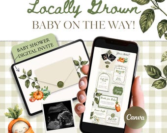 Invito per baby shower a tema "Coltivazione locale" su Canva, invito per baby shower a tema giardino, invito digitale neutro a tema fattoria con conferma di partecipazione