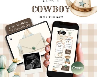 Little Cowboy Baby Shower Invitation Template Canva, Western Baby Boy Digital Invite, Editable Cowboy Theme Website Invitation with RSVP