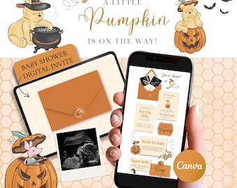 May include: A digital baby shower invitation template featuring Winnie the Pooh illustrations, a pumpkin, and a witch hat. The text reads A LITTLE PUMPKIN IS ON THE WAY, BABY SHOWER DIGITAL INVITE, and includes details for a diaper raffle and registry.