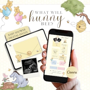 May include: A digital baby shower invitation featuring Winnie the Pooh characters. The design includes the text "WHAT WILL hunny BEE?" and "BABY SHOWER DIGITAL INVITE". The invitation is displayed on a tablet and a smartphone.