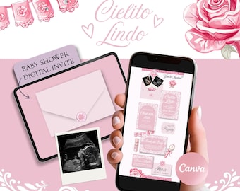 Pink Cielito Lindo Baby Shower Invitation Template Canva, Spanish Baby Girl Shower Digital Invite, Floral Website Invitation with RSVP