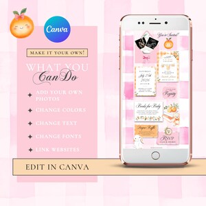 Puede incluir: Un tel&eacute;fono inteligente muestra plantillas de invitaciones para baby shower con dise&ntilde;os de acuarela naranja y rosa. La pantalla muestra varios dise&ntilde;os de invitaciones, con texto que dice "You're Invited!" y "Books for Baby." El logotipo de Canva es visible.