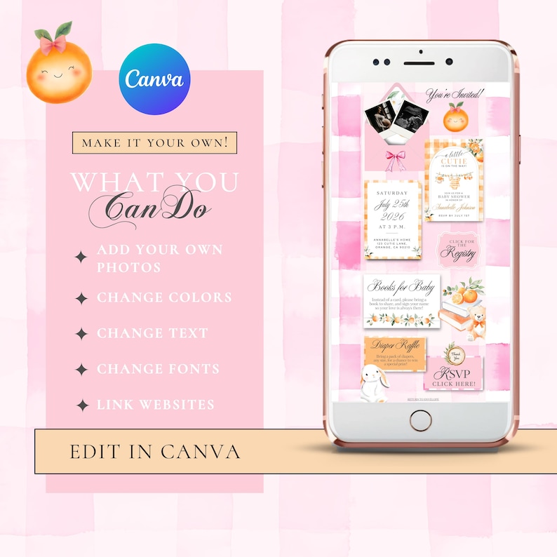 Puede incluir: Un tel&eacute;fono inteligente muestra plantillas de invitaciones para baby shower con dise&ntilde;os de acuarela naranja y rosa. La pantalla muestra varios dise&ntilde;os de invitaciones, con texto que dice "You're Invited!" y "Books for Baby." El logotipo de Canva es visible.
