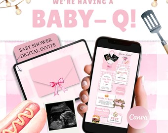 Pink Baby Q Baby Shower Invitation Template Canva, BBQ Baby Girl Shower Digital Invite, Cookout Baby Shower Website Invitation with RSVP