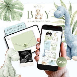 Może przedstawiać: Cyfrowe zaproszenie na baby shower z motywem dinozaurów. Projekt zawiera tablet z zaproszeniem, smartfon wyświetlający zaproszenie, pluszowego dinozaura i obraz USG. Tekst brzmi "Baby Boy is Hatching Soon!"
