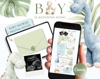Dinosaur Baby Shower Invitation Template Canva, Baby Is Hatching Soon Boy Shower Digital Invite, Green Dino Website Invitation with RSVP