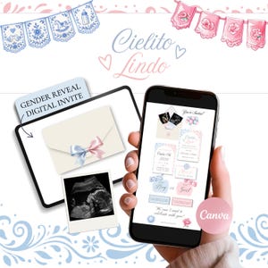 May include: A digital gender reveal invitation template featuring blue and pink accents, ultrasound images, and text including Cielito Lindo, You're Invited, October 17th 2026, RSVP, Team Boy, and Team Girl, displayed on a smartphone and a tablet screen.