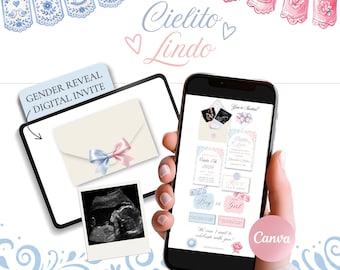 May include: A digital gender reveal invitation template featuring blue and pink accents, ultrasound images, and text including Cielito Lindo, You're Invited, October 17th 2026, RSVP, Team Boy, and Team Girl, displayed on a smartphone and a tablet screen.