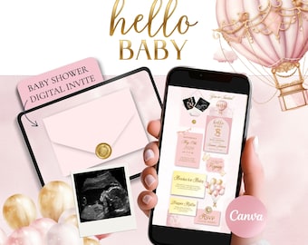Pink Hello Baby Shower Invitation Template (Canva), Baby Girl Balloon Digital Invite, Pink Gold Website Invitation with RSVP