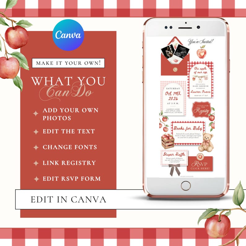 May include: A smartphone displaying a digital baby shower invitation template with a red and white gingham pattern, apple illustrations, and text including "You're Invited," "Books for Baby," and "Diaper Raffle." The screen shows editable fields.