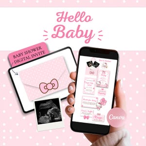 May include: A digital baby shower invitation template featuring a pink and white polka dot theme with Hello Kitty graphics. The design includes an envelope, ultrasound image, event details, registry link, book request, and diaper raffle card.