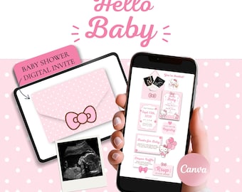 Cute Kitty Baby Shower Invitation, Editable Hello Baby Invitation, Pink Baby Shower Invite, Coquette Baby Girl Digital Invite Website w RSVP