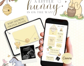 Plantilla clásica de invitación para baby shower de Winnie the Pooh y Little Hunny en Canva, invitación digital de oso vintage, invitación de cuento de abejas con confirmación de asistencia.