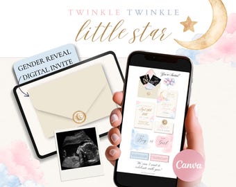 Gender Reveal Twinkle Twinkle Little Star Invitation Template Canva, Baby Shower Digital Invite, Pink Blue Website Invitation with RSVP