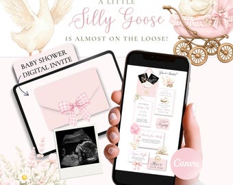 Pink Silly Goose Baby Shower Invitation Template Canva, Goose Baby Shower Digital Invite, Coquette Baby Girl Goose Website Invite with RSVP