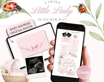 ピンクの小さな女の子のベビーシャワー招待状テンプレートCanva、てんとう虫のベビーシャワーデジタル招待状、出欠確認付きのベビーガールラブバグウェブサイト招待状