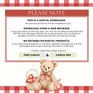May include: A digital download instruction card with a red and white chequered border. The text reads PLEASE NOTE, THIS IS A DIGITAL DOWNLOAD, DOWNLOAD USING A WEB BROWSER, NO REFUNDS ON DIGITAL PRODUCTS, and CANVA TEMPLATES WORK IN BOTH FREE CANVA & CANVA PRO. A teddy bear with a red chequered bow sits next to a basket of apples.