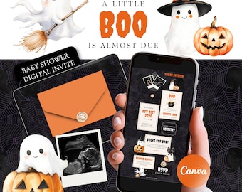 A Little Boo Is Almost Due Baby Shower Invitation Template, Halloween Baby Shower Digital Invite, Spooky Ghost Pumpkin Baby Invite w/ RSVP