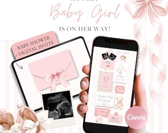 Invitación para baby shower con lazo rosa, invitación web para niña Coquette con confirmación de asistencia, plantilla digital de invitación para niña en Canva.