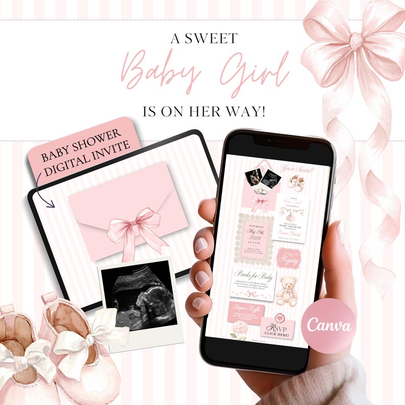 May include: A digital baby shower invitation template displayed on a smartphone and tablet screen. The design features a soft pink colour palette, a pink envelope with a bow, a baby ultrasound image, and a teddy bear graphic with text.