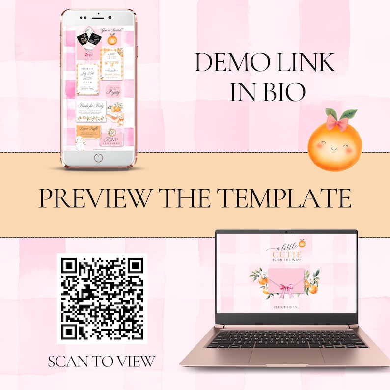 Puede incluir: Maqueta de una plantilla de invitaci&oacute;n para baby shower mostrada en un tel&eacute;fono inteligente y un port&aacute;til. El dise&ntilde;o presenta elementos de acuarela naranja y rosa, con el texto "DEMO LINK IN BIO" y "PREVIEW THE TEMPLATE". Tambi&eacute;n hay un c&oacute;digo QR y una ilustraci&oacute;n de naranja.