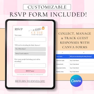Puede incluir: Un formulario RSVP digital en una tableta, con un tema de baby shower. El formulario incluye campos para el nombre, la asistencia y el n&uacute;mero de invitados, con el texto "a little cutie is on the way!" y "RSVP now". Tambi&eacute;n se muestra un formulario de Canva.
