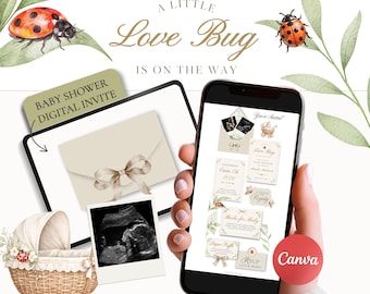 リトルラブバグベビーシャワー招待状テンプレートCanva、てんとう虫ベビーシャワーデジタル招待状、RSVP付きニュートラルベビーシャワーウェブサイト