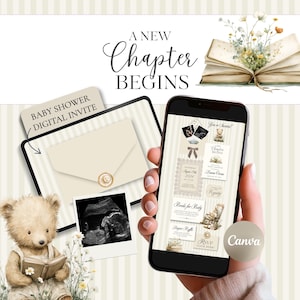 May include: A digital baby shower invitation design with the text "A New Chapter Begins." The design includes a teddy bear, an open book, and a smartphone displaying invitation details. The invitation also includes an ultrasound image.