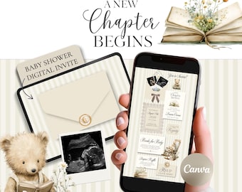 A New Chapter Begins Baby Shower Invitation Template Canva, Storybook Digital Invite, Vintage Neutral Baby Shower Website with RSVP