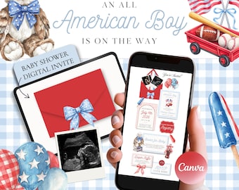 All American Boy Baby Shower Invitation Template Canva, 4th of July Baby Shower Invite, Patriotic Baby Boy Digital Invite with RSVP