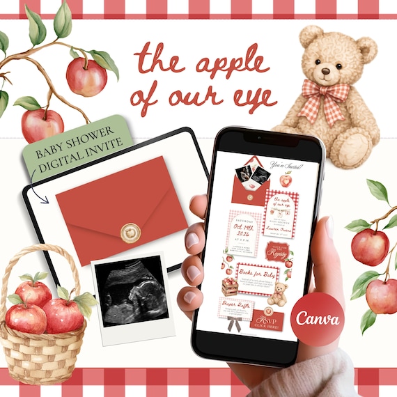 Apple of Our Eye Baby Shower Invitation Template (Canva), Gender Neutral Fall Theme, Autumn Orchard Digital Website Invite with RSVP