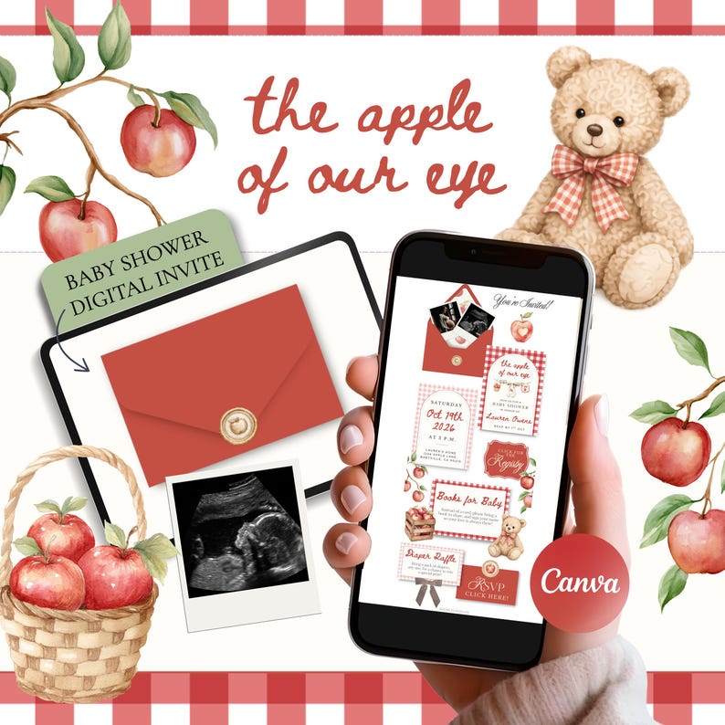 May include: A digital baby shower invitation set featuring a red apple theme, a teddy bear with a checkered bow, and ultrasound imagery. The design includes text reading the apple of our eye, baby shower digital invite, and RSVP click here.