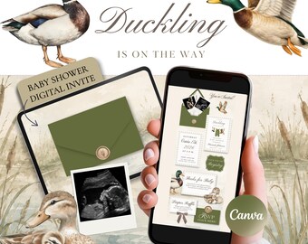 A Little Duckling Baby Shower Invitation Template Canva, Mallard Duck Baby Shower Digital Invite, Vintage Hunting Baby Shower Website w RSVP