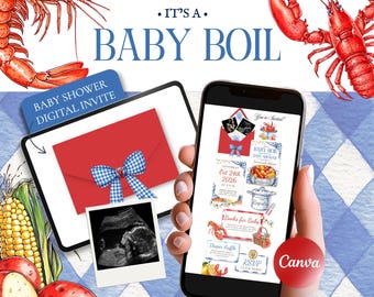 Invito per baby shower a tema gamberi, invito per baby shower a tema frutti di mare in stile Cajun, sito web digitale modificabile a tema aragosta con conferma di partecipazione