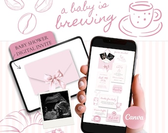Pink Baby Is Brewing Baby Shower Invitation (Canva), Coffee Baby Girl Shower Digital Invite, Cafe Bebe Shower Website Invitation with RSVP