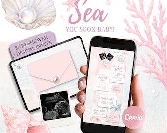 Pink Sea You Soon Baby Shower Invitation Template Canva, Under the Sea Baby Girl Invite, Editable Coastal Digital Website with RSVP