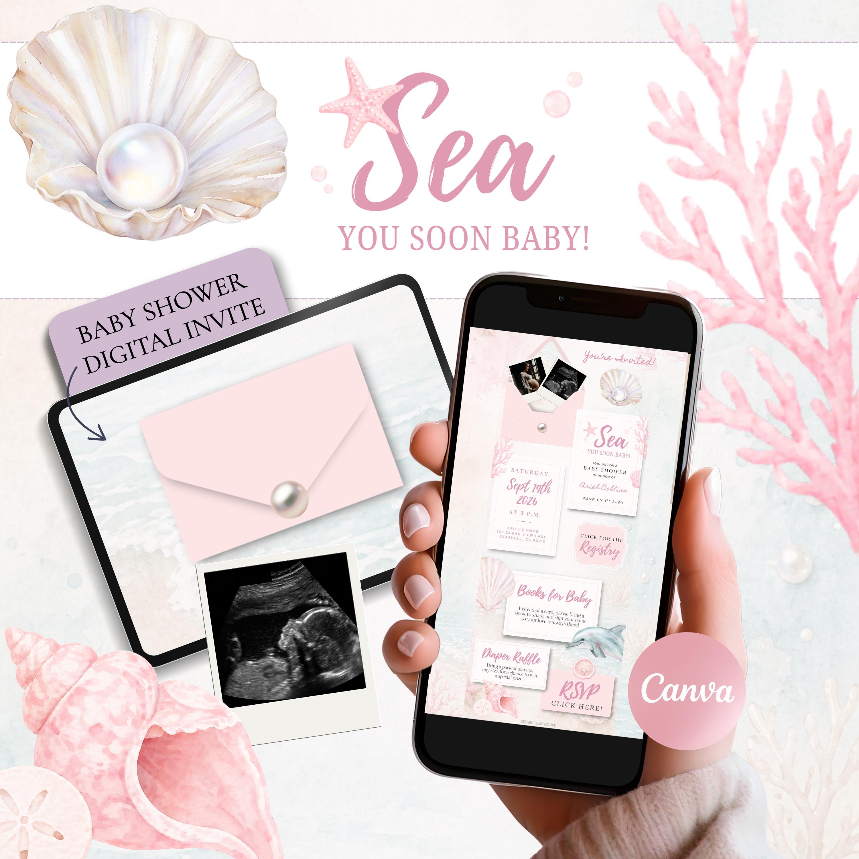 Pink Sea You Soon Baby Shower Invitation Template Canva, Under the Sea ...